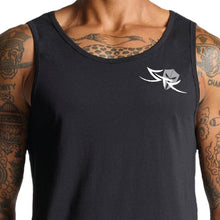 Load image into Gallery viewer, mens-black-grey-white-gym-wear-apparel-tank-top-singlet-fitness-apparel-strive-to-conquer-flex-tank-top-model-chest-small