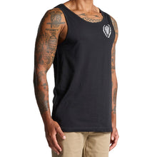 Load image into Gallery viewer, mens-black-grey-white-gym-wear-tank-top-singlet-fitness-apparel-strive-to-conquer-triumph-collection-model-angle