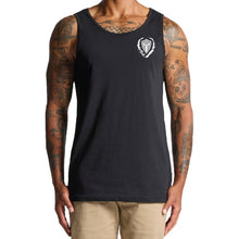 Load image into Gallery viewer, mens-black-grey-white-gym-wear-tank-top-singlet-fitness-apparel-strive-to-conquer-triumph-collection-model-front