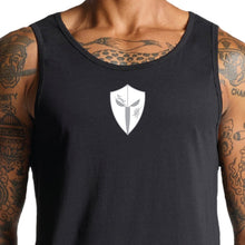 Load image into Gallery viewer, mens-black-white-grey-gym-wear-tank-top-singlet-fitness-apparel-strive-to-conquer-pursue-collection-model-chest