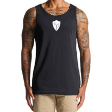 Load image into Gallery viewer, mens-black-white-grey-gym-wear-tank-top-singlet-fitness-apparel-strive-to-conquer-pursue-collection-model-front