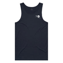 Load image into Gallery viewer, mens-navy-white-grey-gym-wear-apparel-tank-top-singlet-body-building-fitness-apparel-strive-to-conquer-flex-tank-top-small-medium-logo