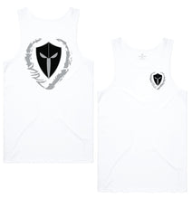 Load image into Gallery viewer, mens-white-black-grey-gym-wear-tank-top-singlet-fitness-apparel-strive-to-conquer-triumph-collection