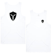 Load image into Gallery viewer, mens-white-black-white-gym-wear-tank-top-singlet-fitness-apparel-strive-to-conquer-triumph-collection