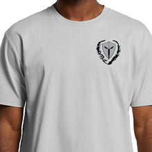 Load image into Gallery viewer, mens-white-grey-black-shirt-gym-wear-apparel-lifestyle-wear-clothing-strive-to-conquer-shirts-model-chest