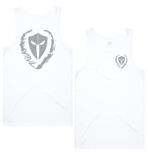 Load image into Gallery viewer, mens-white-grey-gym-wear-tank-top-singlet-fitness-apparel-strive-to-conquer-triumph-collection