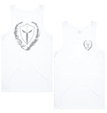 Load image into Gallery viewer, mens-white-white-grey-gym-wear-tank-top-singlet-fitness-apparel-strive-to-conquer-triumph-collection