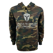 Load image into Gallery viewer, strive to conquer mens woodland camo hoodie long sleeve jumper top spartan helmet set goals conquer repeat front green camo hoodie jumper