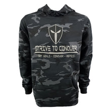 Load image into Gallery viewer, strive to conquer mens navy camo hoodie long sleeve jumper top spartan helmet set goals conquer repeat front