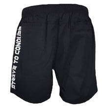 Load image into Gallery viewer, strive to conquer mens short black gym training board shorts spartan helmet back