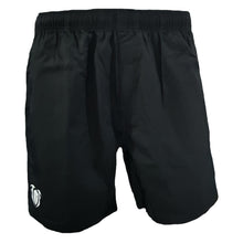Load image into Gallery viewer, strive to conquer mens short black gym training board shorts spartan helmet front