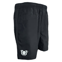 Load image into Gallery viewer, strive to conquer mens short black gym training board shorts spartan helmet front side