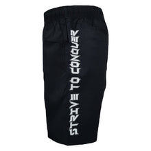 Load image into Gallery viewer, strive to conquer mens short black gym training board shorts spartan helmet side