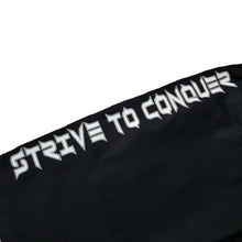 Load image into Gallery viewer, strive to conquer mens short black gym training board shorts spartan helmet sleeve