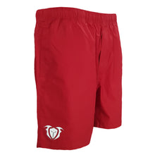 Load image into Gallery viewer, strive to conquer mens short red gym training board shorts spartan helmet front side
