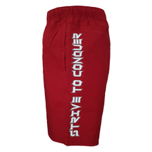 Load image into Gallery viewer, strive to conquer mens short red gym training board shorts spartan helmet side