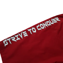 Load image into Gallery viewer, strive to conquer mens short red gym training board shorts spartan helmet sleeve