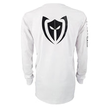Load image into Gallery viewer, strive to conquer mens white black prevail long sleeve shirt gym apparel lifestyle wear clothing spartan helmet b