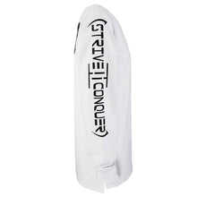 Load image into Gallery viewer, strive to conquer mens white black prevail long sleeve shirt gym apparel lifestyle wear clothing spartan helmet side